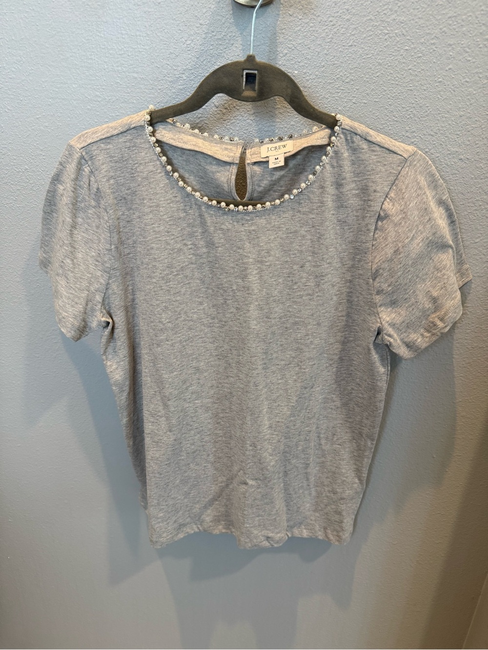 J. Crew Heather Gray Short Sleeve Tee with Pearl Neckline